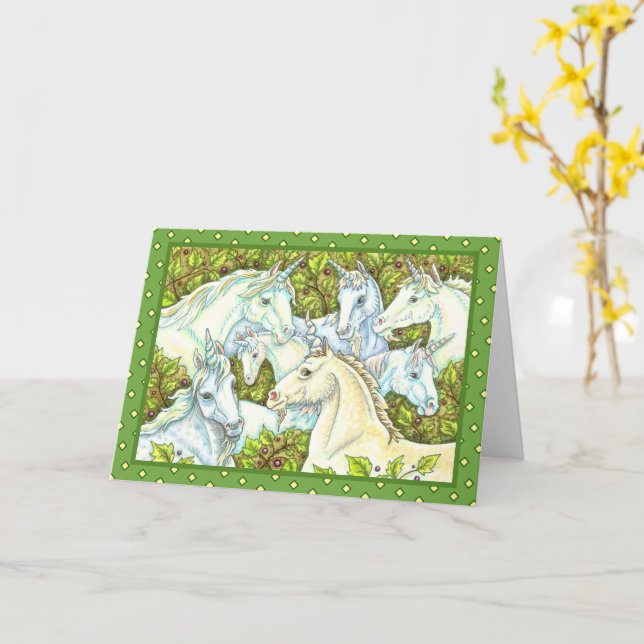 MEDIEVAL UNICORN HERD, HORSES, STALLION Fantasy Card (Yellow Flower)