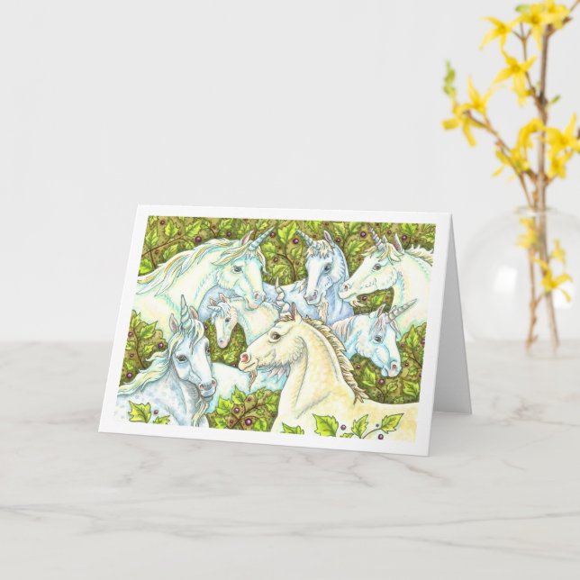 MEDIEVAL UNICORN HERD, HORSES, STALLION Fantasy Card (Yellow Flower)