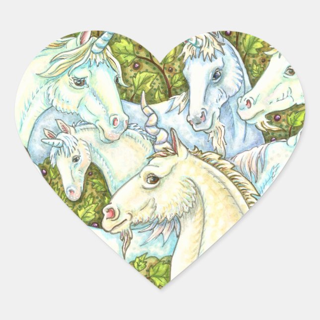 MEDIEVAL UNICORN HERD, HORSES, STALLION Fantasy Heart Sticker (Front)