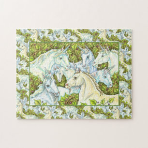 MEDIEVAL UNICORN HERD, HORSES, STALLION Fantasy Jigsaw Puzzle