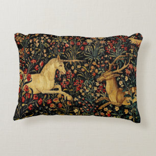 Medieval Unicorn Midnight Floral Garden Accent Pillow