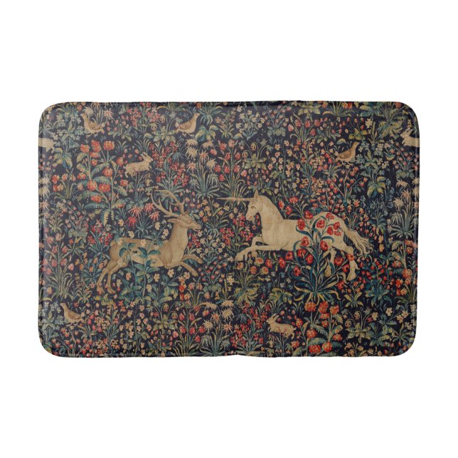 Medieval Unicorn Midnight Floral Garden Bath Mat (Front)
