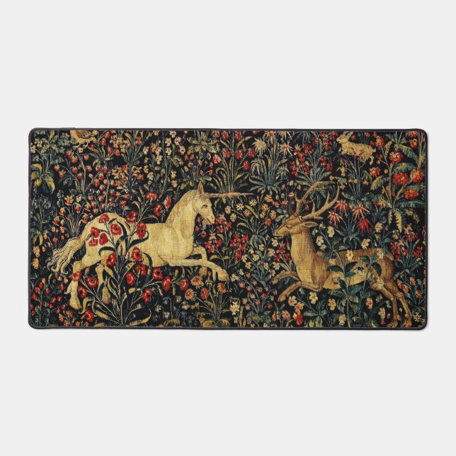 Medieval Unicorn Midnight Floral Garden Desk Mat (Front)
