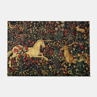 Medieval Unicorn Midnight Floral Garden Doormat