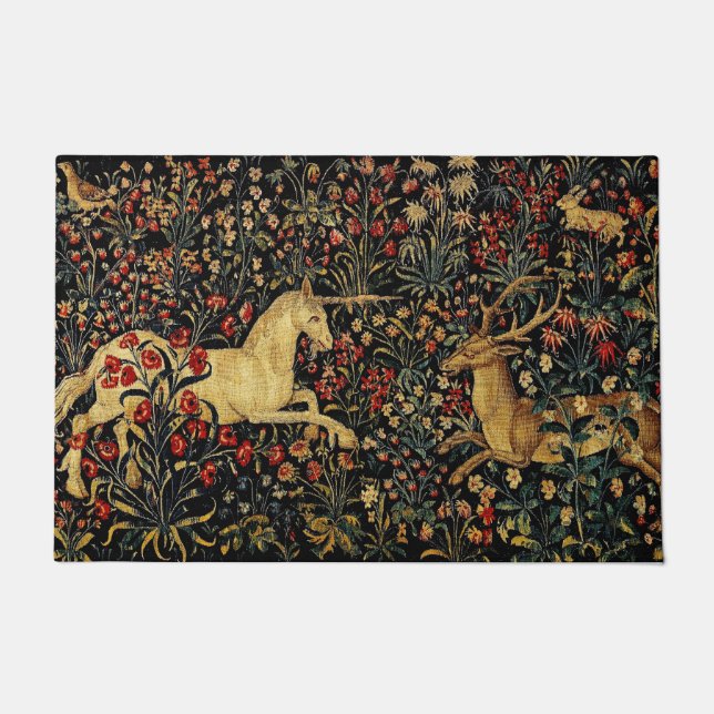 Medieval Unicorn Midnight Floral Garden Doormat (Front)