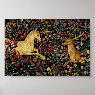 Medieval Unicorn Midnight Floral Garden Hanging Ta Poster