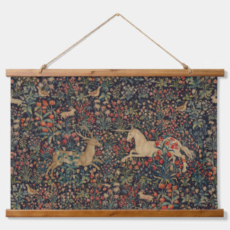 Medieval Unicorn Midnight Floral Garden Hanging Tapestry