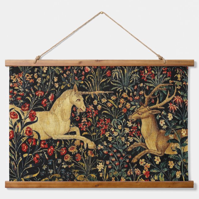 Medieval Unicorn Midnight Floral Garden Hanging Tapestry (Front)