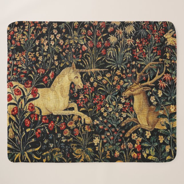 Medieval Unicorn Midnight Floral Garden Sherpa Blanket (Front (Horizontal))