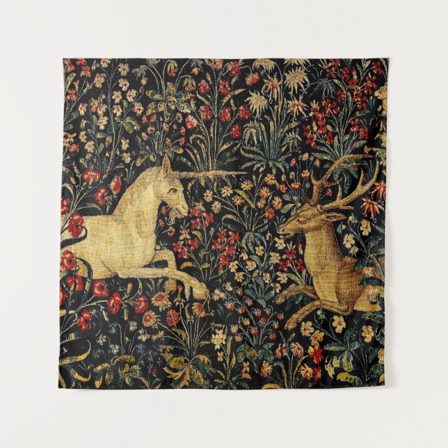 Medieval Unicorn Midnight Floral Garden Tapestry (Front)