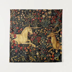 Medieval Unicorn Midnight Floral Garden Tapestry