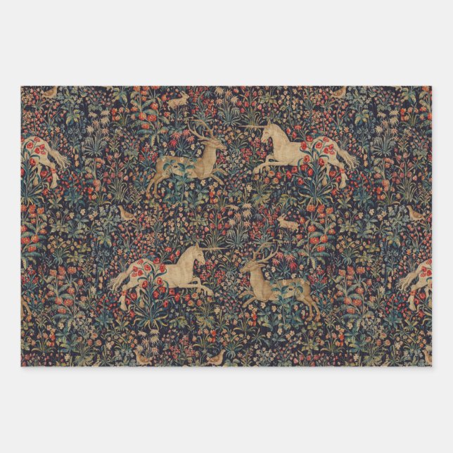 Medieval Unicorn Midnight Floral Garden Wrapping Paper Sheet (Front)