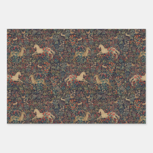 Medieval Unicorn Midnight Floral Garden Wrapping Paper Sheet