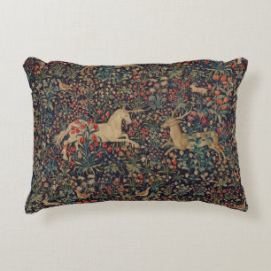 Medieval Unicorn Stag Deer Midnight Floral Garden  Accent Pillow