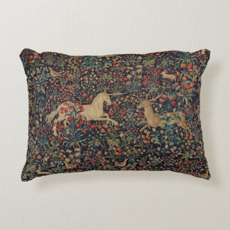 Medieval Unicorn Stag Deer Midnight Floral Garden  Accent Pillow