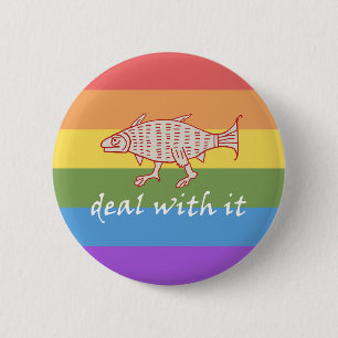 Medieval Walking Fish on Rainbow Stripes Button