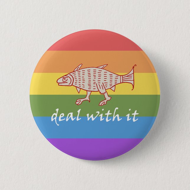 Medieval Walking Fish on Rainbow Stripes Button (Front)
