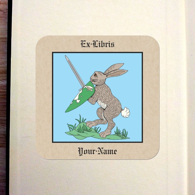 Medieval Warrior Rabbit Bookplate Square Sticker (Medieval Warrior Rabbit Bookplate)