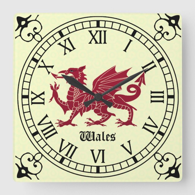 Medieval Welsh Dragon Wall Clock - Roman Numerals (Front)