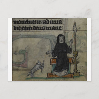 Medieval woman spinning with cat postcard