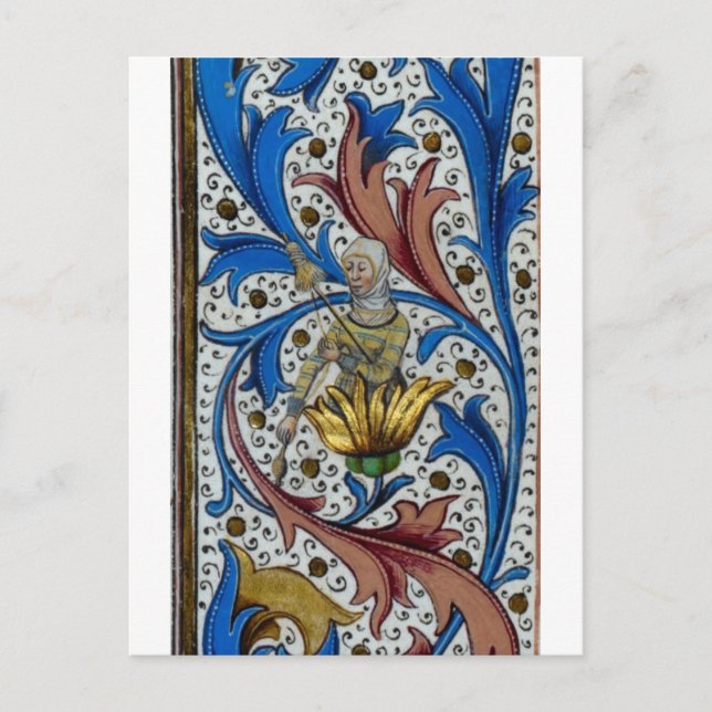 Medieval woman spinning with spindle and distaff postcard (Front)