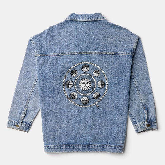 Medieval Woodblock Astronomy Sun and Planets Denim Jacket (Back)