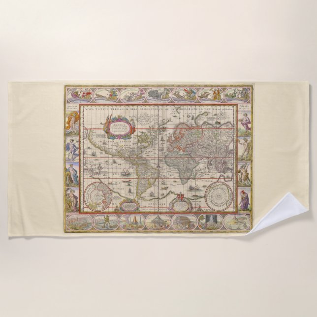 Medieval World Map (by Willem Blaeu) Beach Towel (Front)