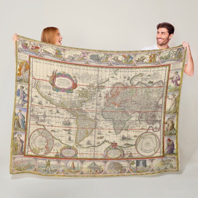 Medieval World Map (by Willem Blaeu) Fleece Blanket (In Situ)