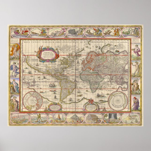 Medieval World Map by Willem Blaeu Poster (Front)