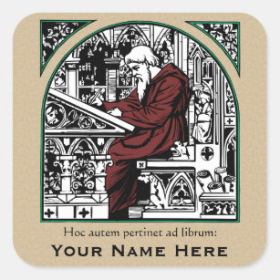 Medieval Writing Desk and Monk Bookplate Square Sticker