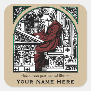 Medieval Writing Desk and Monk Bookplate Square Sticker