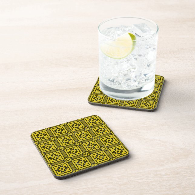 Medieval Yellow Black Lilies Romanesque Pattern Coaster (Right Side)