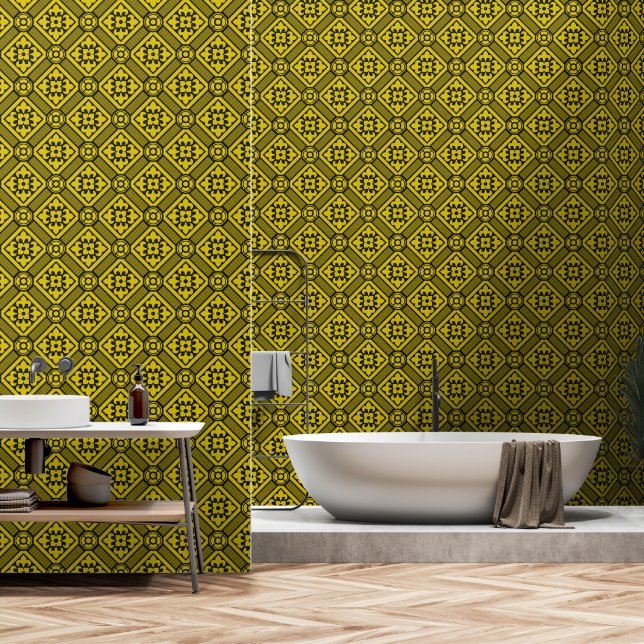 Medieval Yellow Black Lilies Romanesque Pattern Wallpaper (Bathroom)