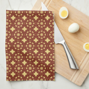 Medieval Yellow Dark Red Rosette Flower Pattern Kitchen Towel