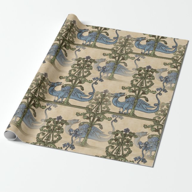 Medieval Yule Dragon Tiled Wrapping Paper (Unrolled)