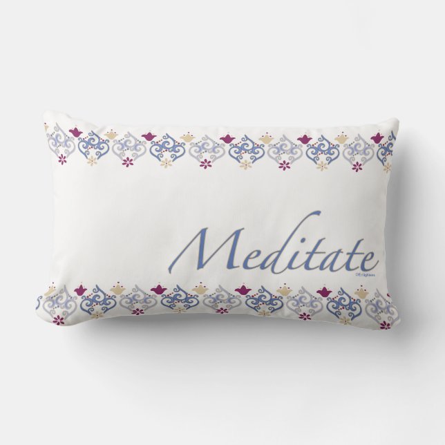 "Meditate"  Meditation Inspiration White Lumbar Pillow (Front)