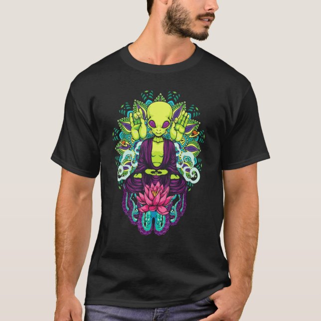 Meditating Alien Mandala Pink Lotus Flower Alienwa T-Shirt (Front)