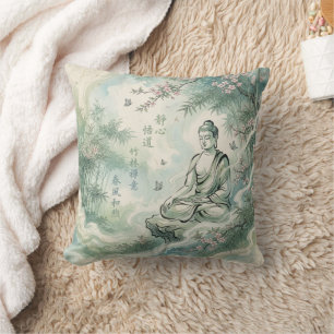 Meditating Buddha Bamboo Ink Art Throw Pillow