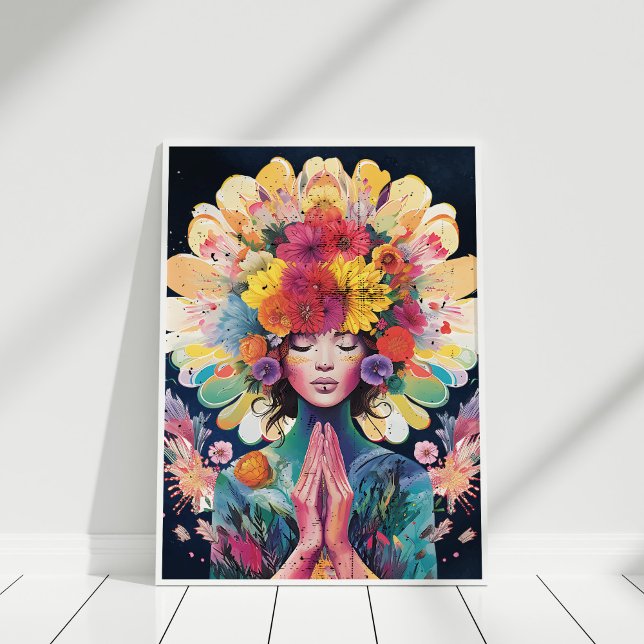 Meditating Girl Flowers Universe Poster (Meditating Girl Flowers Universe Poster in white frame against white wall.)