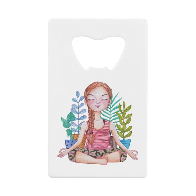 Meditating Girl With Plants Credit Card Bottle Opener (Front)