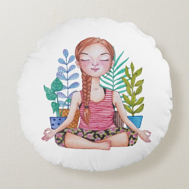 Meditating Girl With Plants Round Pillow (Front)