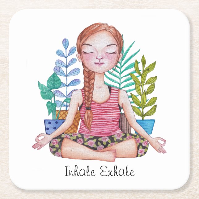 Meditating Girl With Plants Square Paper Coaster (Front)