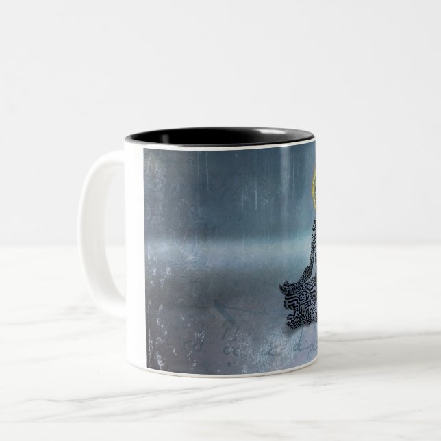 Meditating man. Flaming halo Two-Tone Coffee Mug (Front Left)