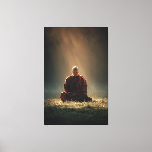 Meditating Monk Golden Light Rays Misty Morning Canvas Print