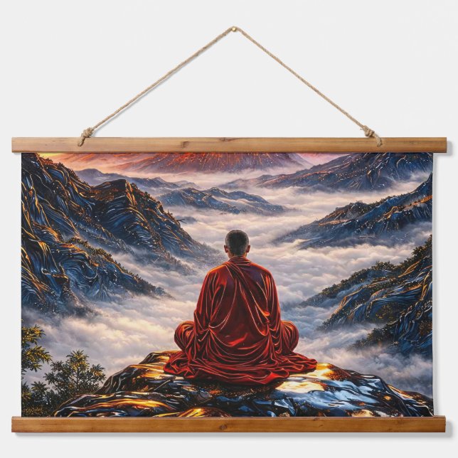 Meditating Monk on Mountain at Sunset Hanging Tapestry (Front)