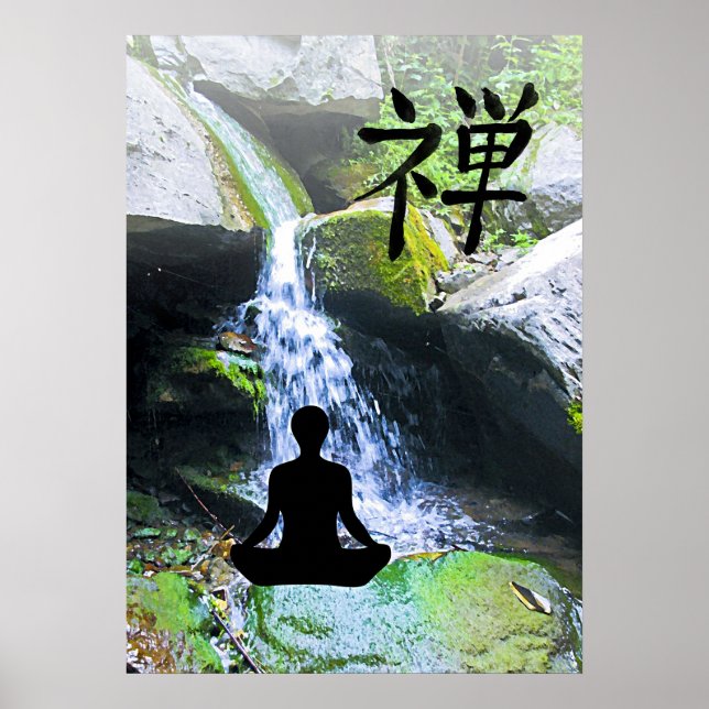Meditating Silhouette by Waterfall Poster (Front)