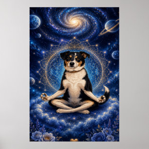 Meditating Tricolor Dog Cosmic Zen Yoga Mandala Po Poster