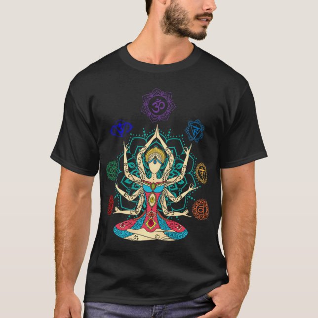 Meditating with the Seven Chakras On Lotus Flower  T-Shirt (Front)
