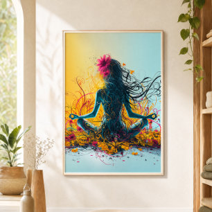 Meditating Woman Lotus Yoga Pose Colourful Flowers Poster