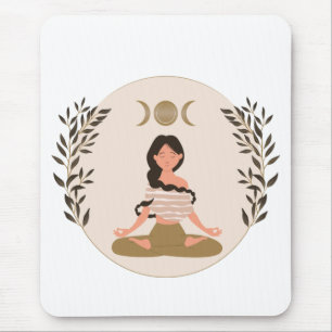 Meditating woman moon phases leaf boho classic mouse pad